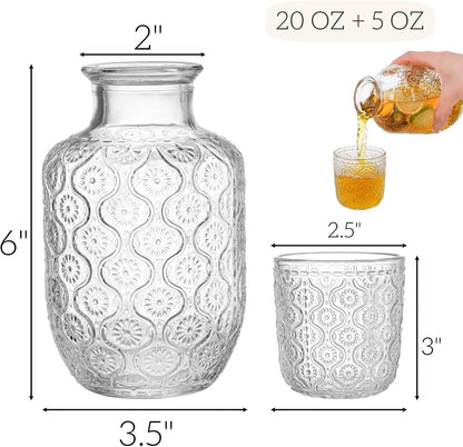 Vintage Bedside Water Carafe Elegant Pitcher 4 Pcs and Glass Tumblers 20 Oz