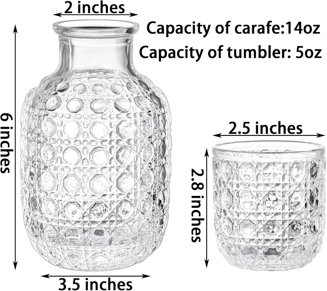 Vintage Bedside Water Carafe Tumbler 2 Sets with 4 Pcs 14Oz Clear Glass