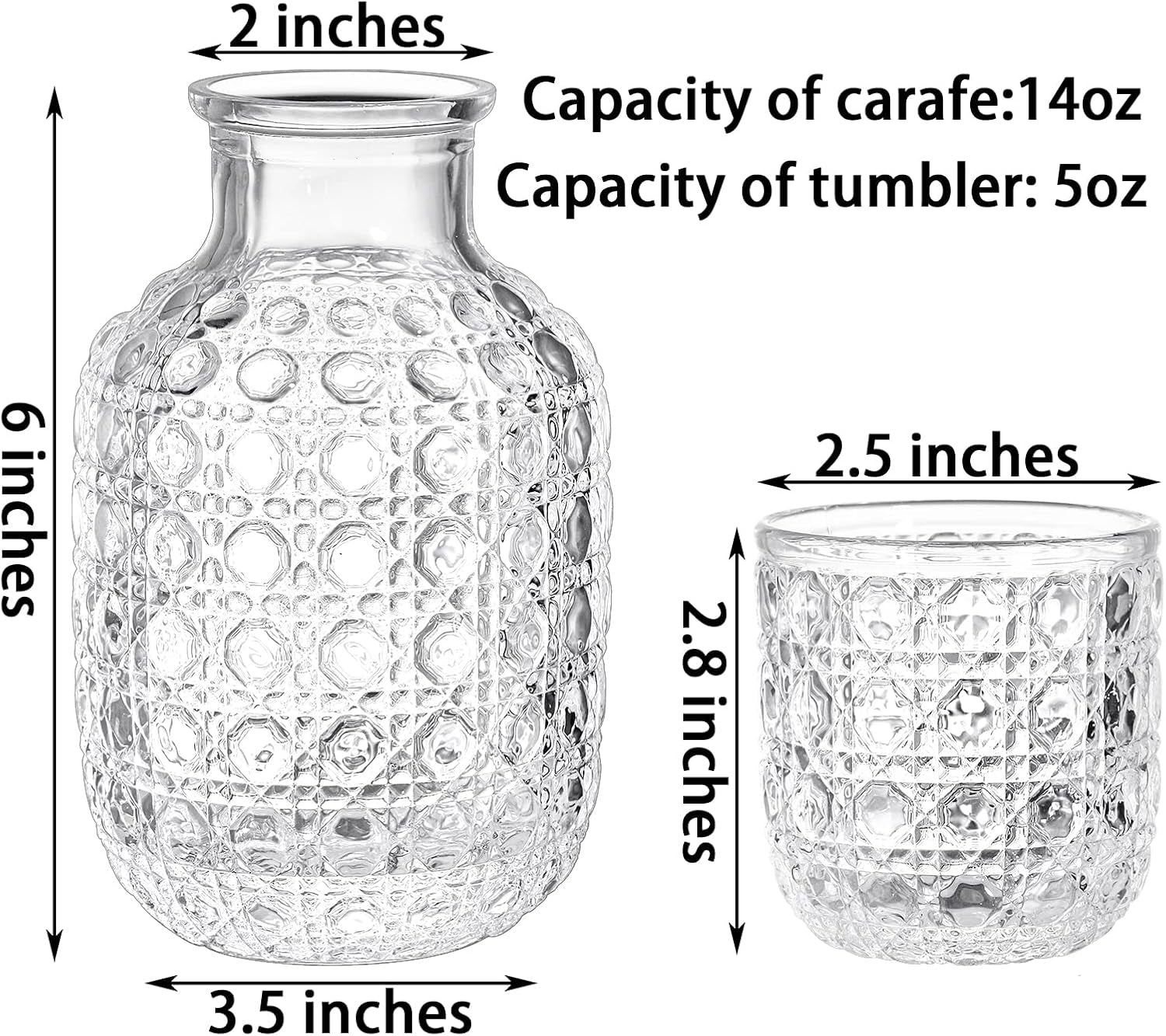 Vintage Bedside Water Carafe Tumbler 2 Sets with 4 Pcs 14Oz Clear Glass