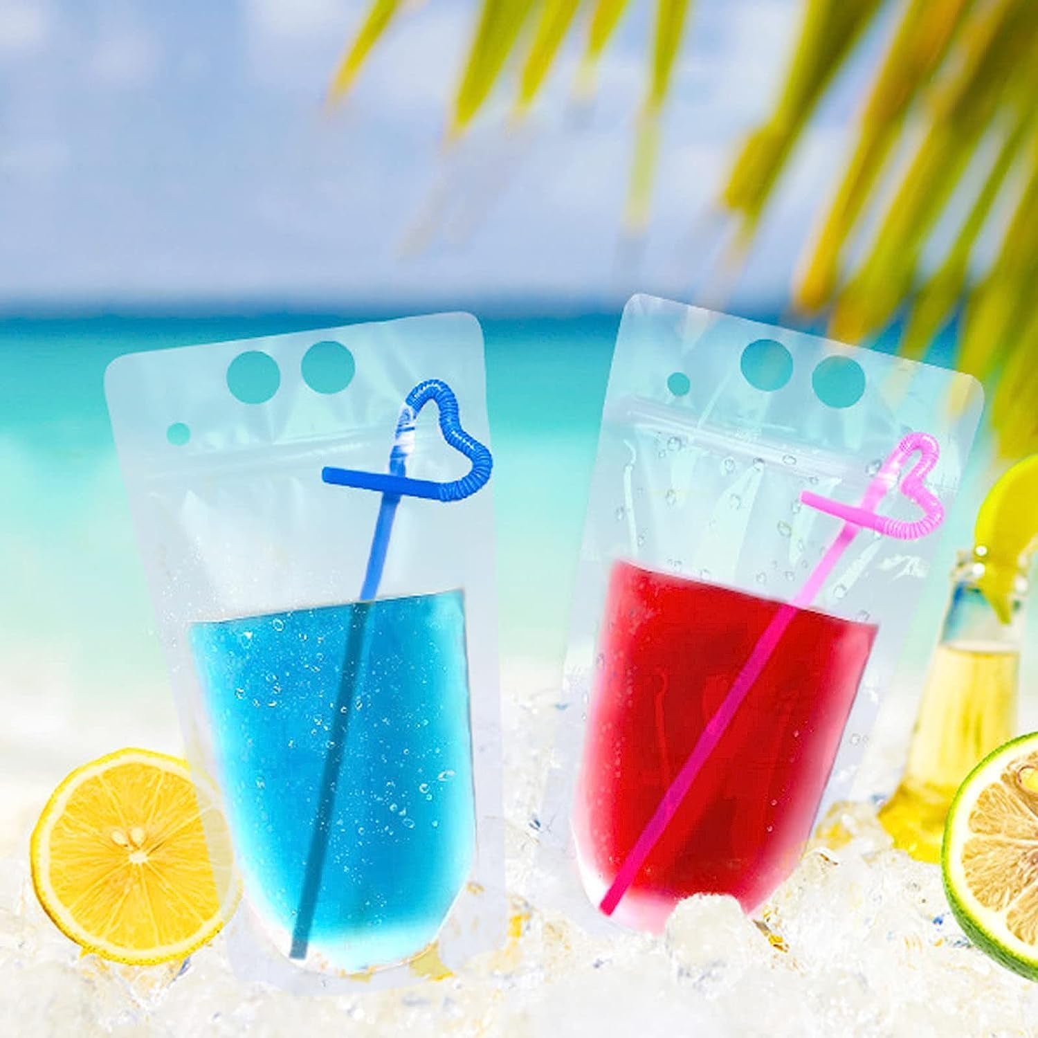 100Pcs Double Zip Pouches Drink Bags, Juice Pouches for Adults, Reusable, Reclosable Zipper Smoothie Bags for Cold &amp; Hot Drinks with 100 Straws &amp; Silicone Funnel