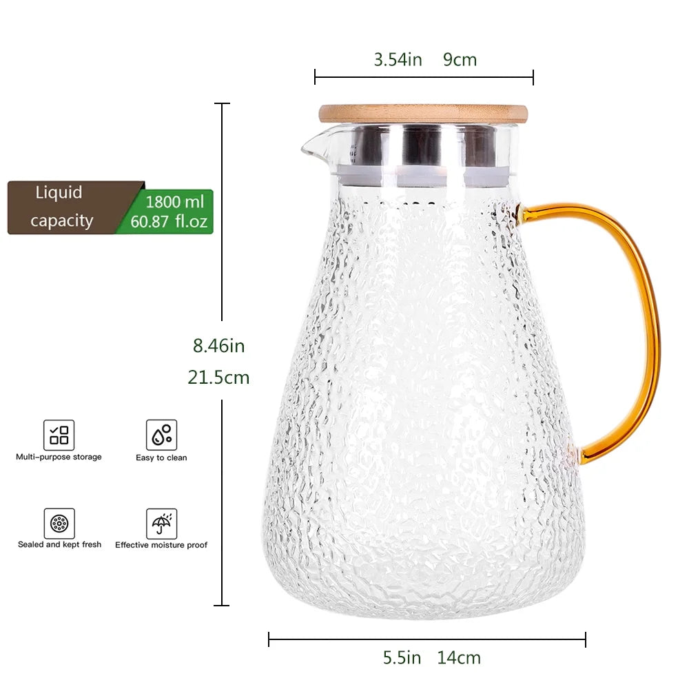 Glass Pitcher, 60Oz Clear Glass Pitcher with Bamboo Lid and Spout, 1.8L Glass Water Pitcher, Iced Tea Pitcher for Fridge, Pitchers Beverage Pitchers, Juice Lemonade Carafe