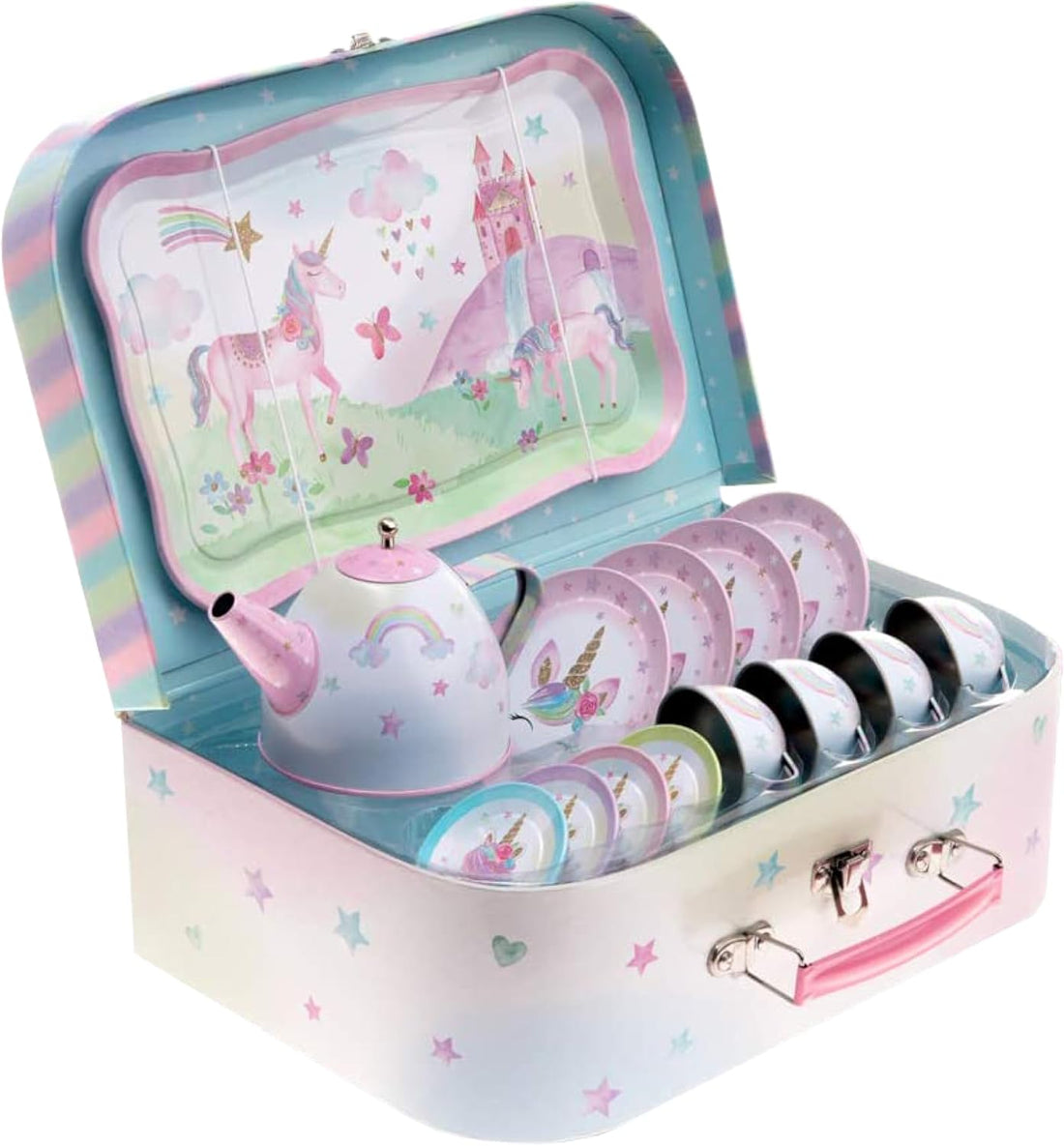 15-Piece Tin Tea Set for Toddlers - Pretend Toy Set with Teapot, Cups, Plates and Carrying Case - Unicorn Picnic Toys for Girls - Unique Gift for Kids Ages 3+ - Fun Play Tea Party Toy