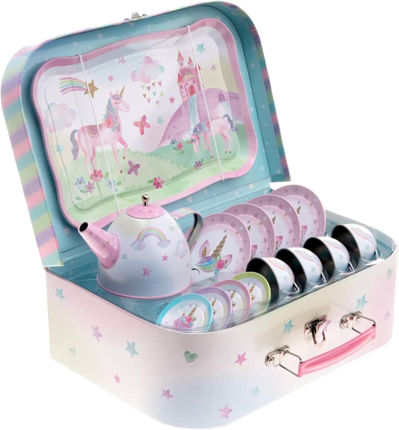 15-Piece Tin Tea Set for Toddlers - Pretend Toy Set with Teapot, Cups, Plates and Carrying Case - Unicorn Picnic Toys for Girls - Unique Gift for Kids Ages 3+ - Fun Play Tea Party Toy