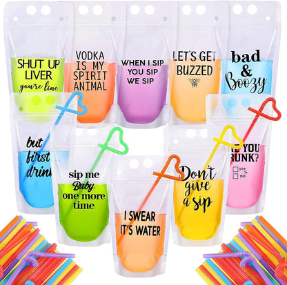 100Pcs Double Zip Pouches Drink Bags, Juice Pouches for Adults, Reusable, Reclosable Zipper Smoothie Bags for Cold &amp; Hot Drinks with 100 Straws &amp; Silicone Funnel