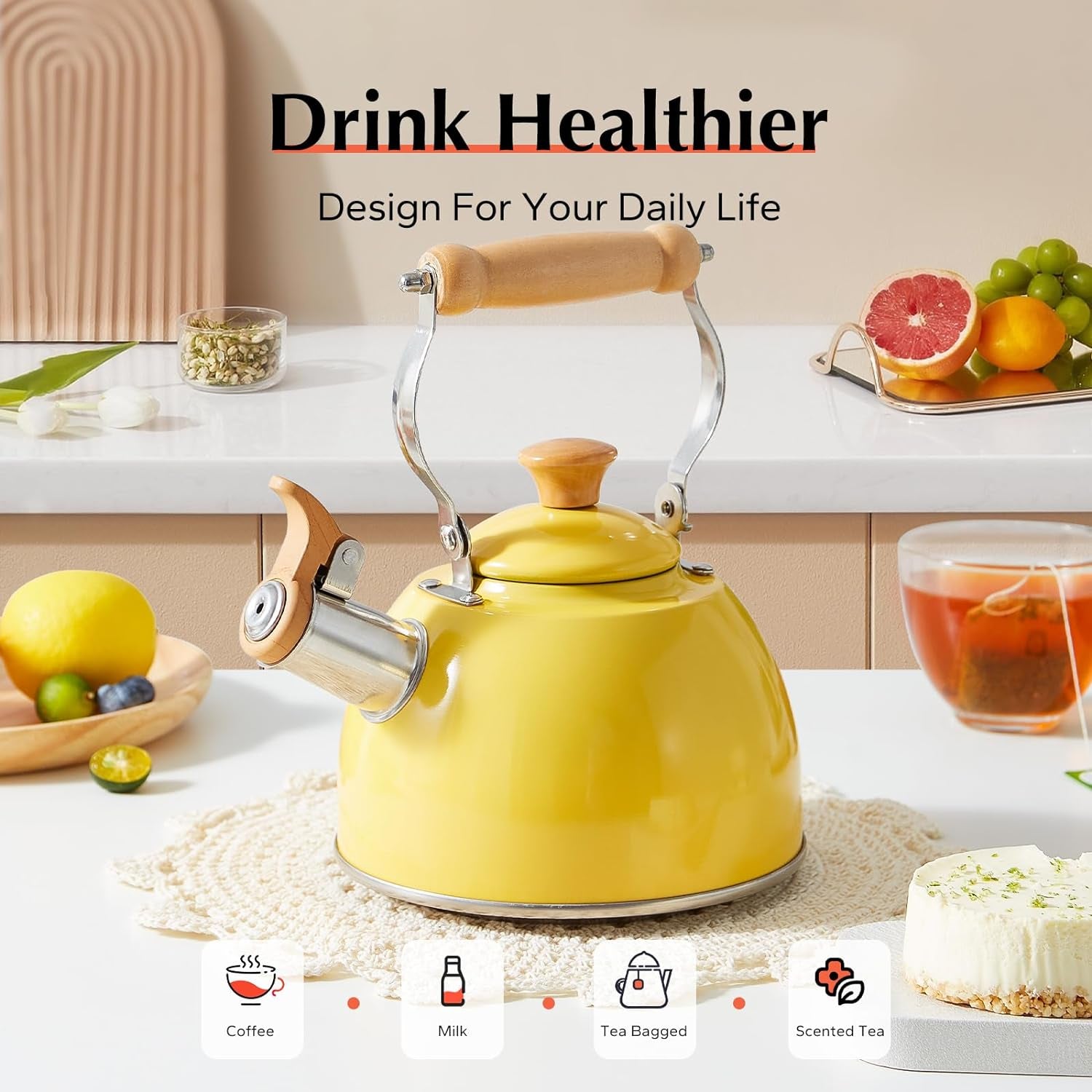 Tea Kettle, Tea Pot with Cool Touch Ergonomic Handle, Tea Kettle Food Grade Stainless Steel, Tea Kettle Stovetop, Kettle Teapot, Whistling Tea Kettle, Small Tea Kettle, 1.6 Quart (Yellow)