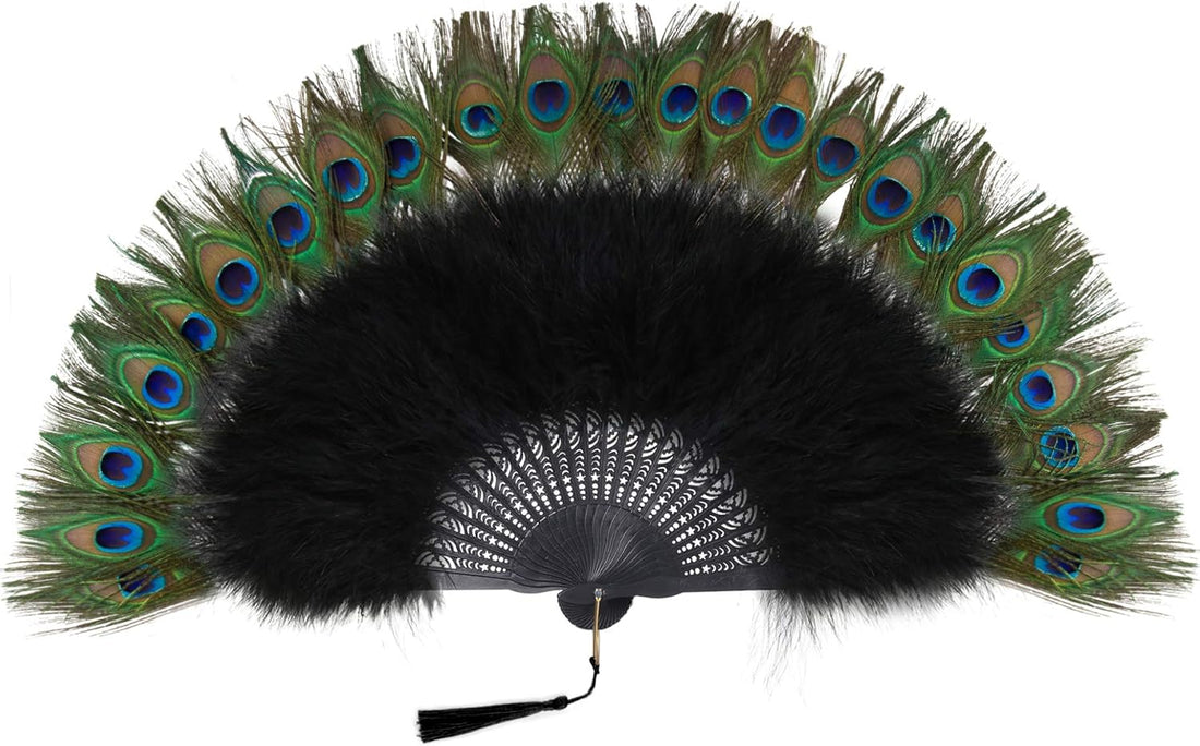 Peacock Marabou Feather Fan - Roaring 20S Vintage Style Flapper Accessories for Costume Halloween Tea Party