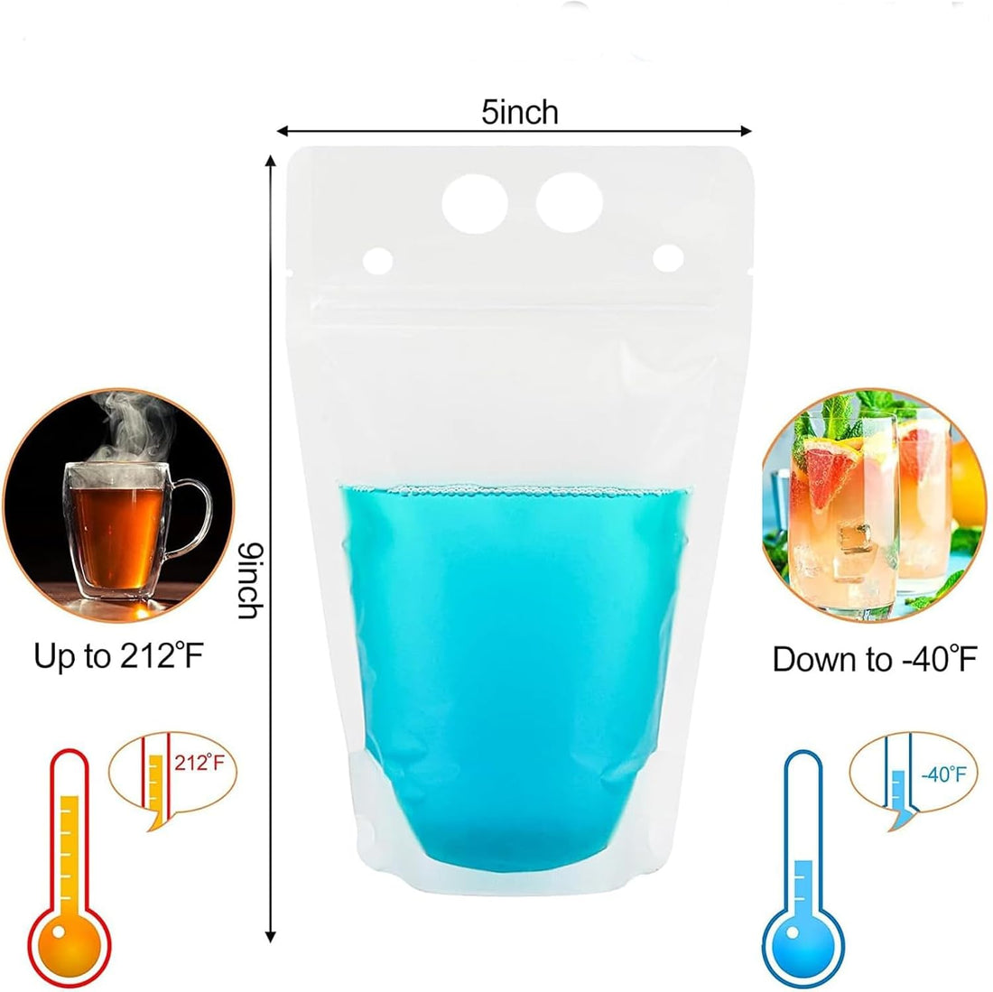 100Pcs Double Zip Pouches Drink Bags, Juice Pouches for Adults, Reusable, Reclosable Zipper Smoothie Bags for Cold &amp; Hot Drinks with 100 Straws &amp; Silicone Funnel