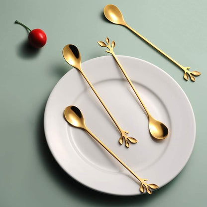 6.5&quot; Elegant Leaf-Design Gold Coffee &amp; Tea Spoons Set of 6- Long Handle Stainless Steel Stirring Spoons for Espresso, Iced Tea - Ideal Coffee Bar Accessories