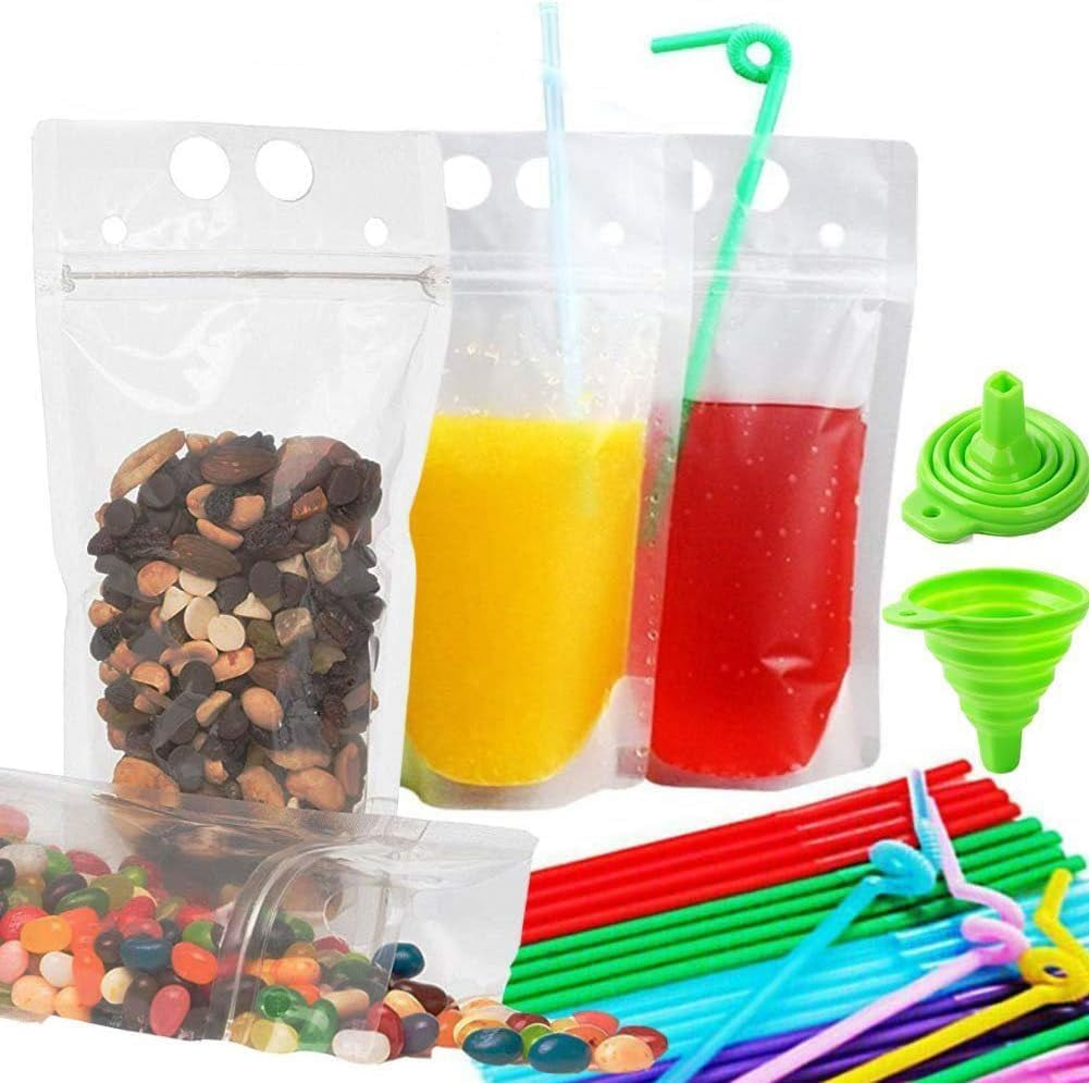 100Pcs Double Zip Pouches Drink Bags, Juice Pouches for Adults, Reusable, Reclosable Zipper Smoothie Bags for Cold &amp; Hot Drinks with 100 Straws &amp; Silicone Funnel