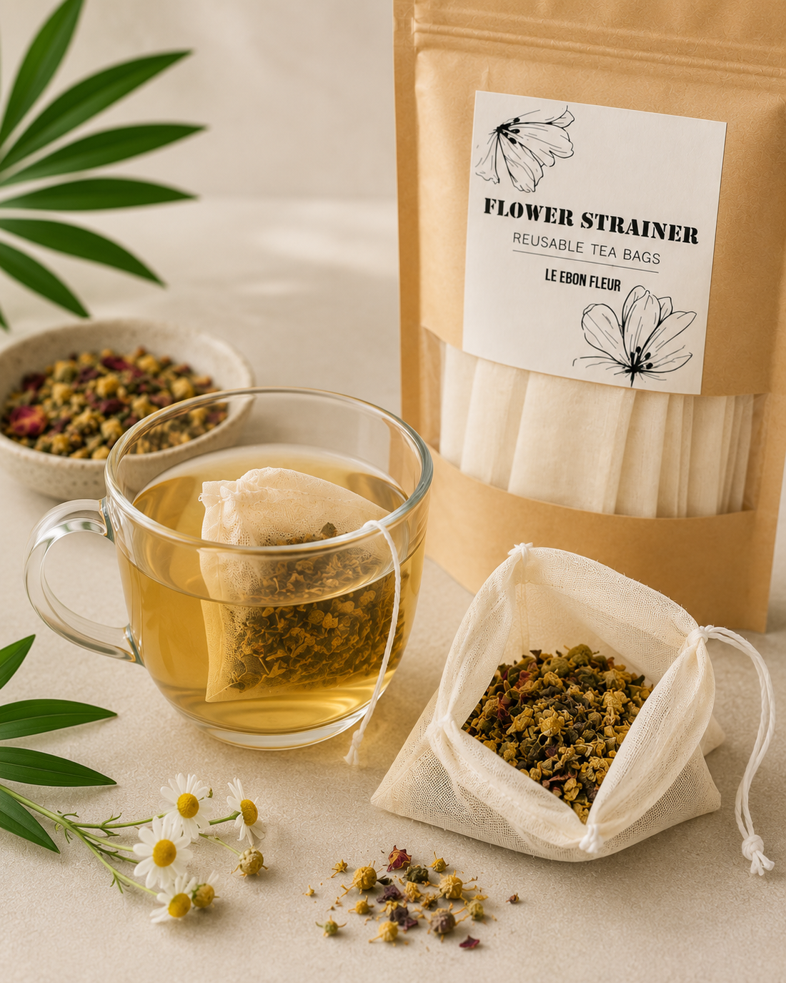Flower Strainer | Reusable Natural Cotton Tea Bags (Pack of 5)