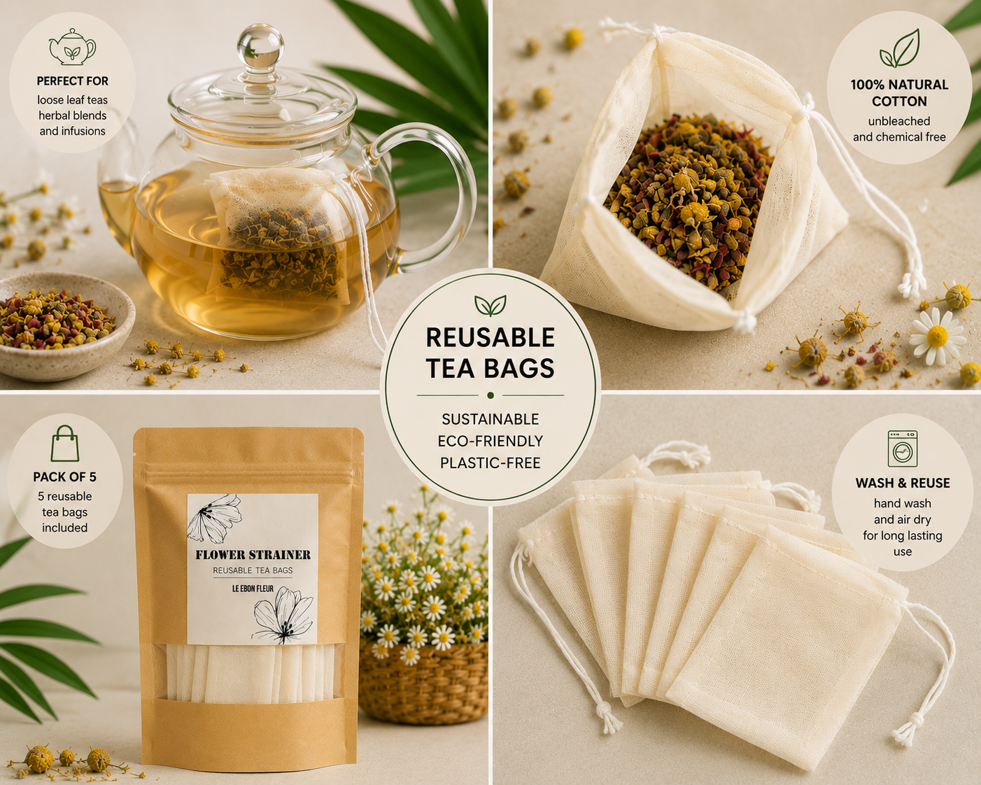 Flower Strainer | Reusable Natural Cotton Tea Bags (Pack of 5)