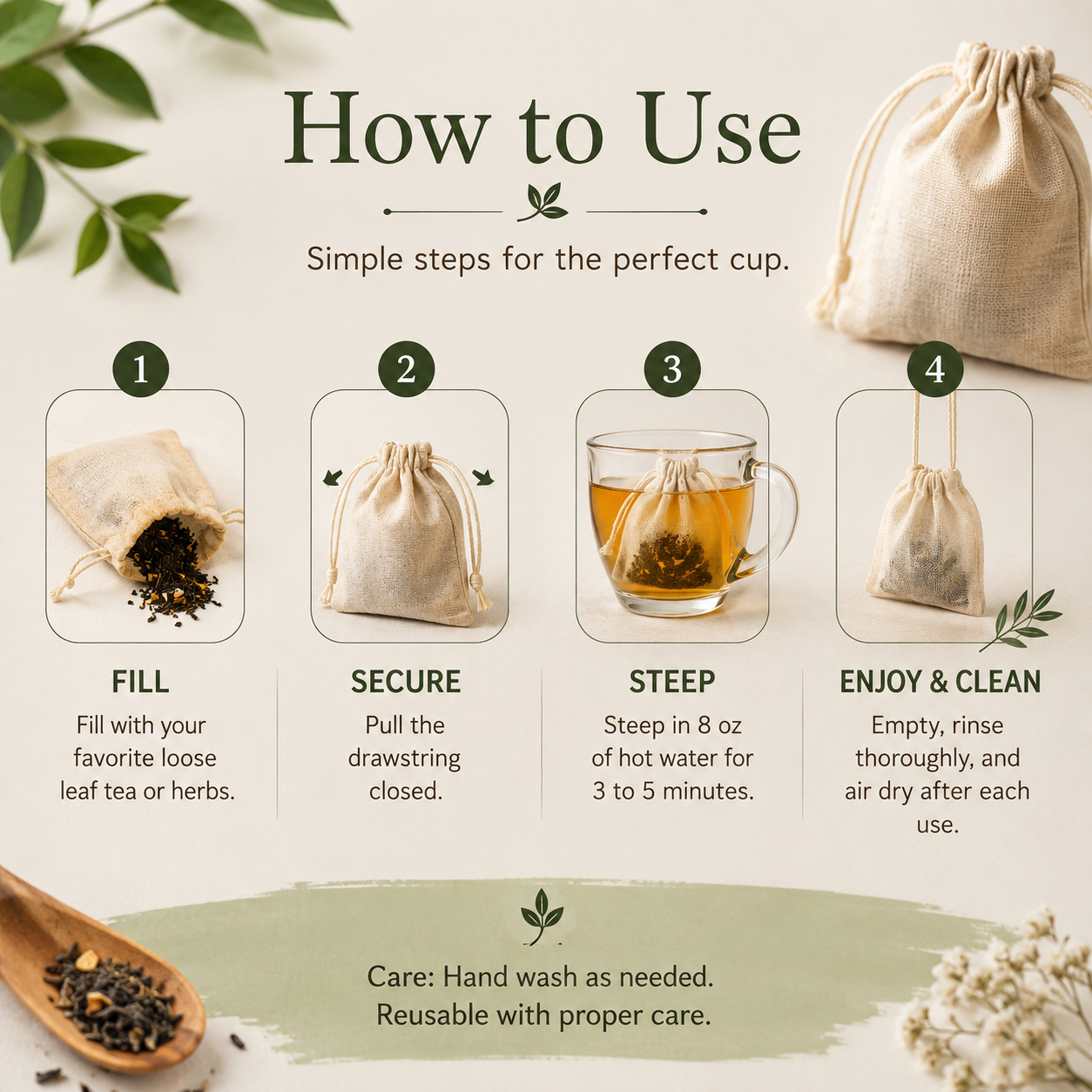 Flower Strainer | Reusable Natural Cotton Tea Bags (Pack of 5)